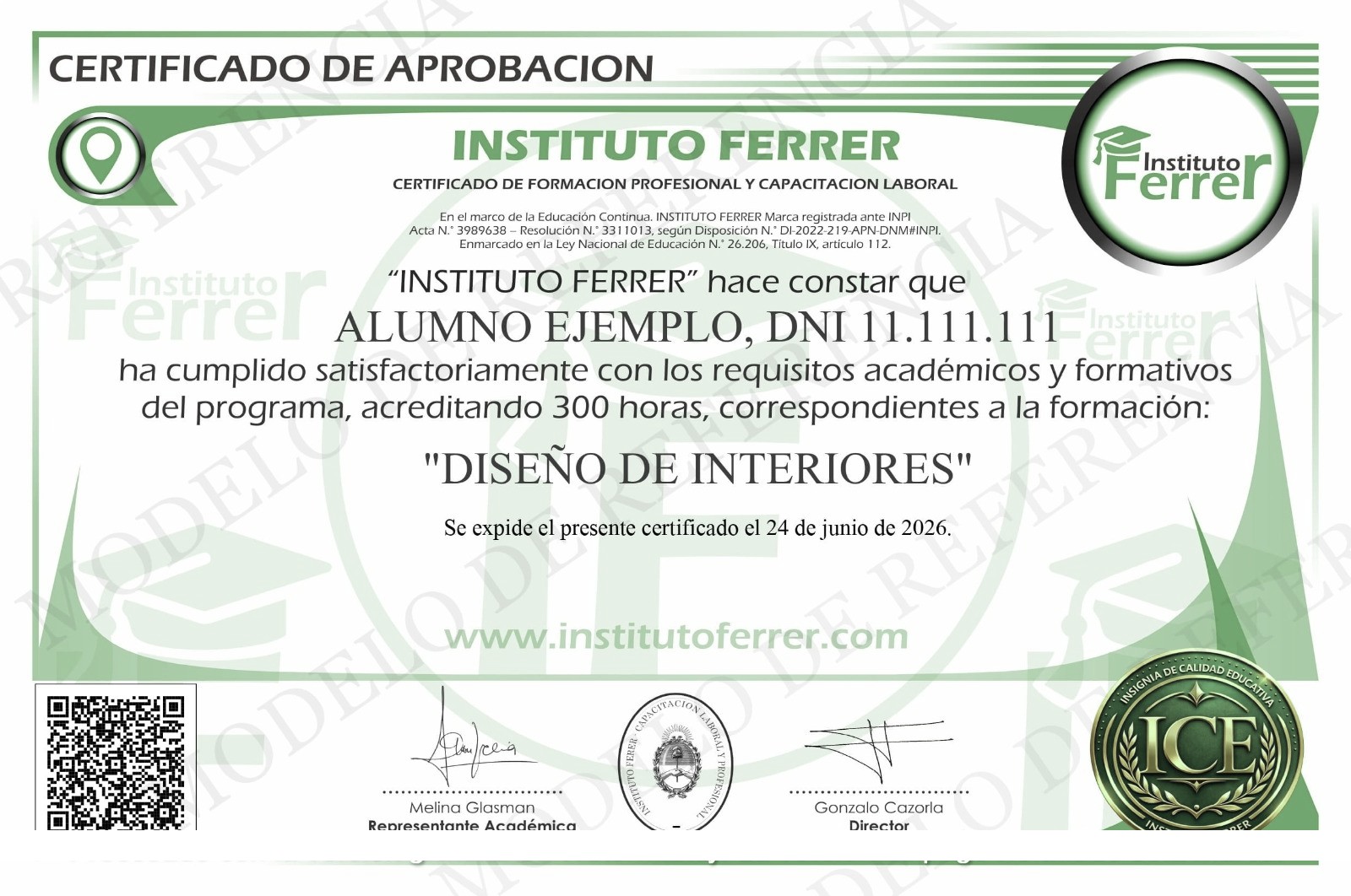 Ejemplo de Certificado de Aprobación del Instituto Ferrer